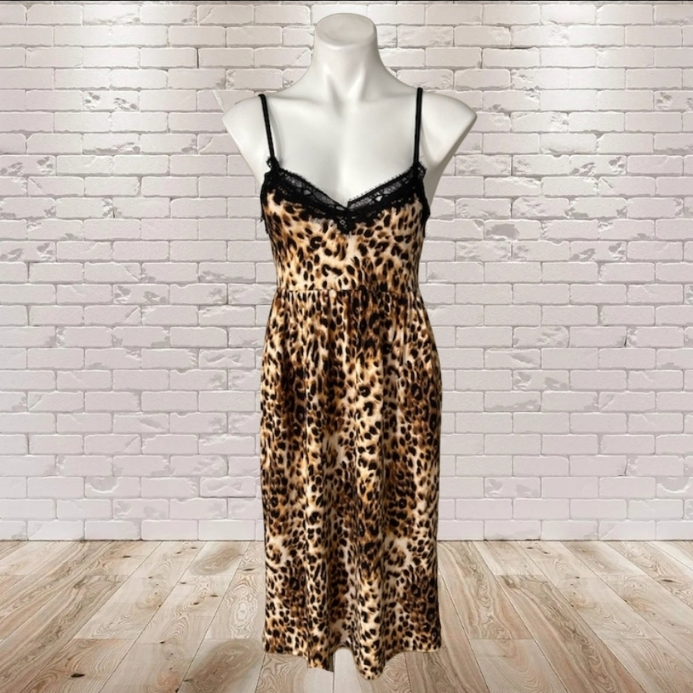 Velvet Torch Leopard Print Slip Dress with Black Lace Trim